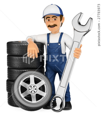 3D Mechanic with a stack of tyres and huge wrench 27783973