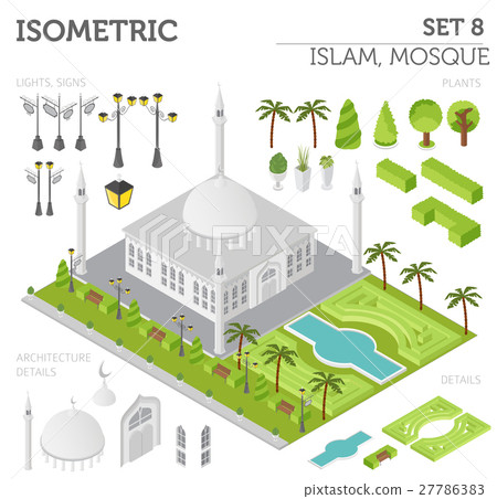 Flat 3d isometric islamic  mosque and city map  27786383