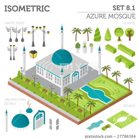 Flat 3d isometric islamic  mosque and city map  27786384