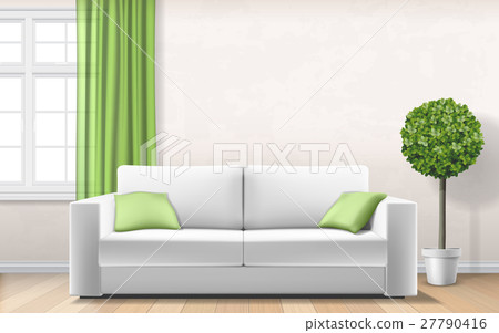 modern interior with sofa window green curtain 27790416