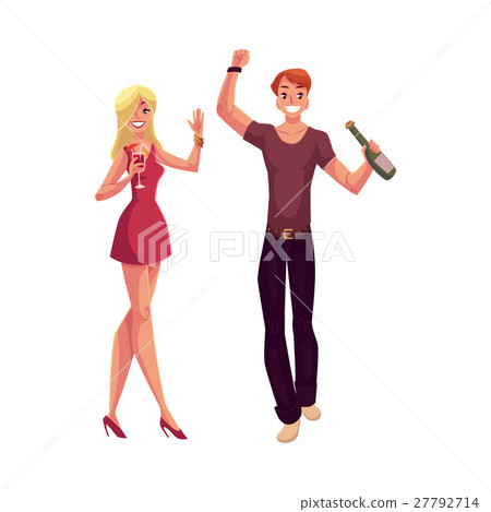 Man and woman dancing at party, drinking alcohol - Stock Illustration ...