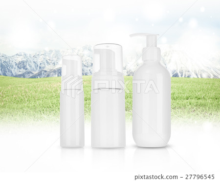 Cosmetic product for cream, foam, shampoo. on Panorama of Mountain Snow Landscape with green grass . Cosmetic product for cream, foam, shampoo. on Panorama of Mountain Snow Landscape with green grass . 27796545