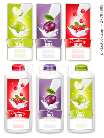 Set of three labels of fruit in milk splashes. Set of three labels of fruit in milk splashes. 27797999