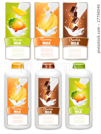 圖庫插圖: set of three labels of fruit in milk splashe