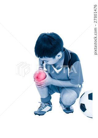 Asian soccer player with pain at knee. Full body. 27801476