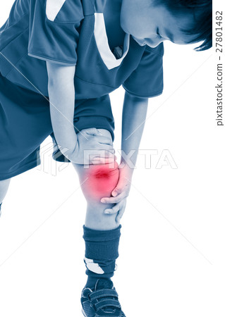 Asian soccer player with pain at knee. Isolated 27801482