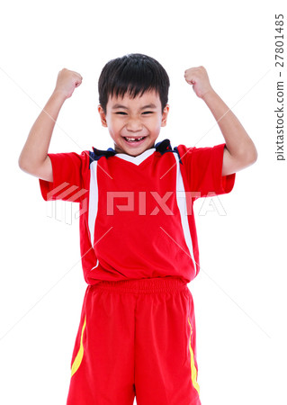 Asian soccer player showing arm up gesture. Asian soccer player showing arm up gesture. 27801485