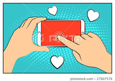 Comic smartphone phone with halftone shadows. Hand Comic smartphone phone with halftone shadows. Hand 27807578