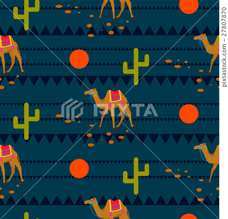 Desert camels on ethnic night blue pattern. Desert camels on ethnic night blue pattern. 27807870