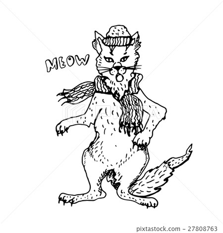 Hand drawn cute winter cat in the hat and scarf. 27808763