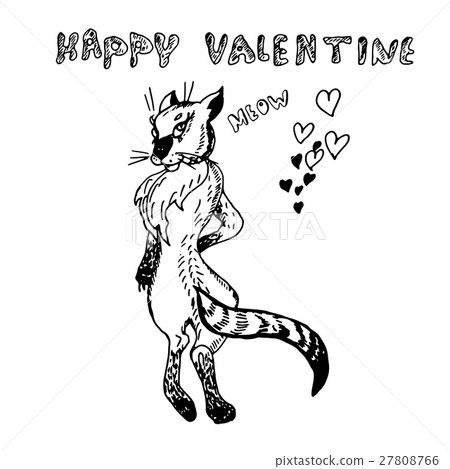 Hand drawn cute pussycat. Happy Valentine  card.  27808766