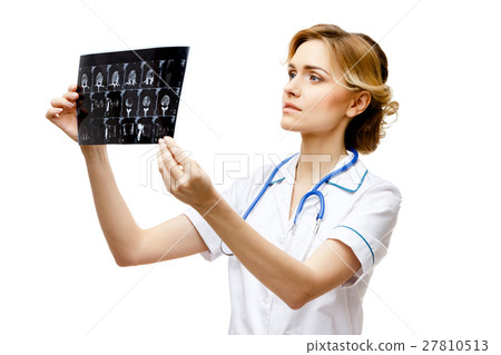 Woman doctor standing on white background 27810513