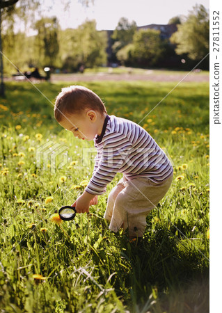 boy child magnifying glass exploring meadow boy child magnifying glass exploring meadow 27811552
