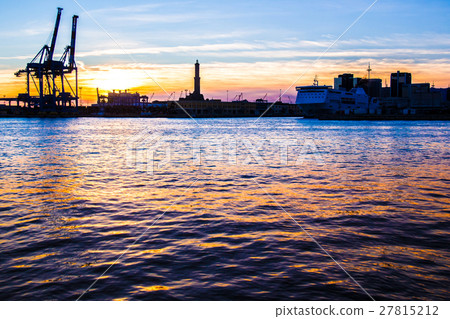 sunset at Genoa's port, silhouette of the Lanterna sunset at Genoa's port, silhouette of the Lanterna 27815212