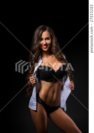 Sexy slim girl in black lingerie and white shirt 27815283