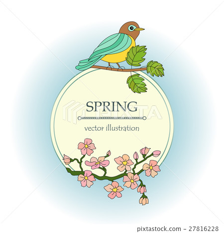 Card with tit on a branch and cherry flowers. Card with tit on a branch and cherry flowers. 27816228