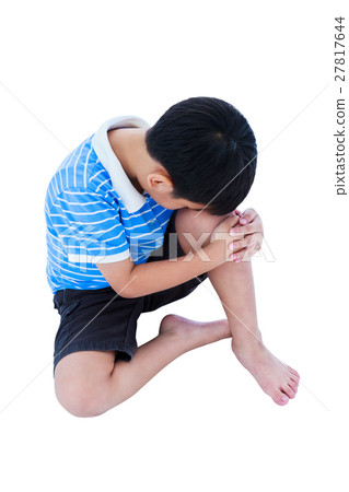 Asian sad boy barefeet sitting. Isolated on white 27817644