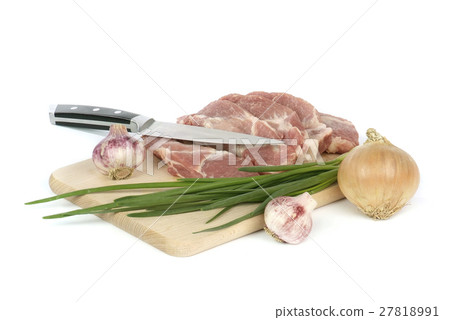 raw meat with onion and garlic isolated on white 27818991