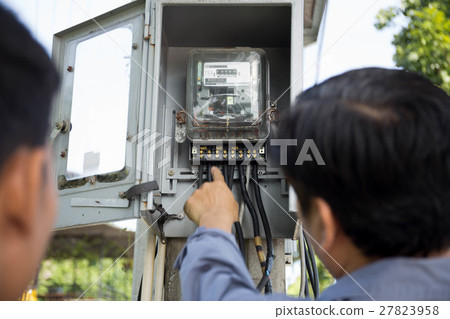 Electrician engineer checking on electric box 27823958