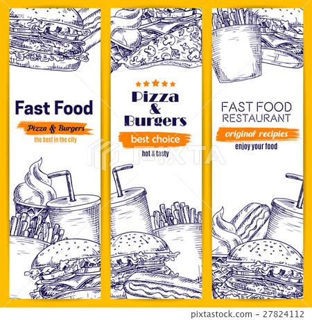 Fast food burgers, pizza, sandwich sketch banners Fast food burgers, pizza, sandwich sketch banners 27824112