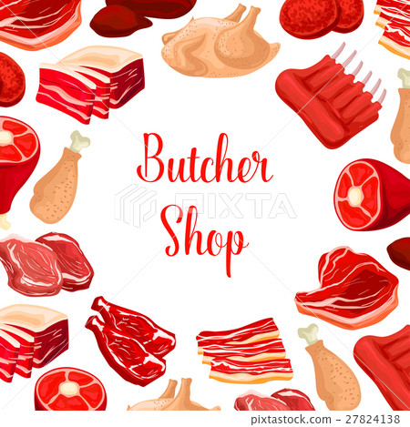 Butcher shop, butchery meat products vector poster 27824138