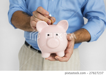 Man Holding Piggy Bank Saving Portrait Concept Man Holding Piggy Bank Saving Portrait Concept 27827237
