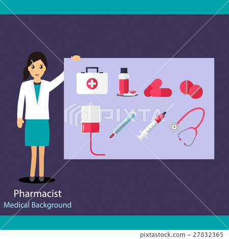 Pharmaceutic background. Pharmacist with medicine and instruments. Vector illustration Pharmaceutic background. Pharmacist with medicine and instruments. Vector illustration 27832365
