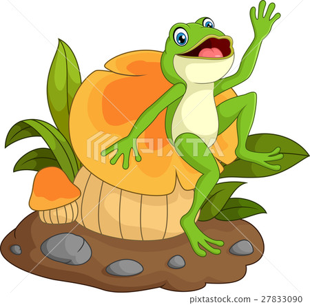 Happy frog cartoon sitting on mushroom 27833090