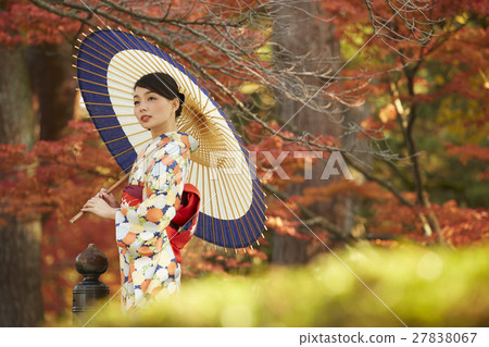 燦爛的秋葉和和服女性肖像 27838067