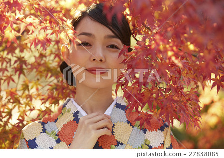 燦爛的秋葉和和服女性肖像 27838085