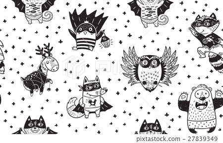 Seamless pattern with Superhero animals. Ink 27839349