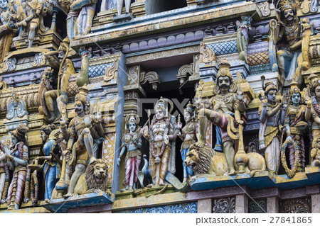 Closeup details on the tower of a Hindu Temple 27841865
