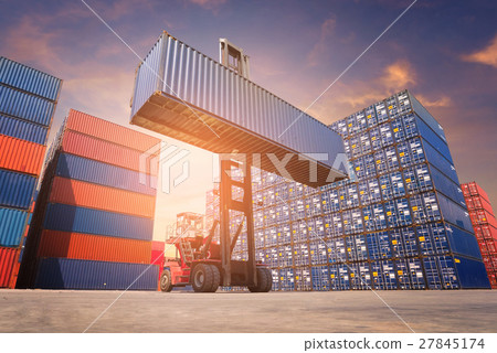 Forklift truck lifting cargo container Forklift truck lifting cargo container 27845174