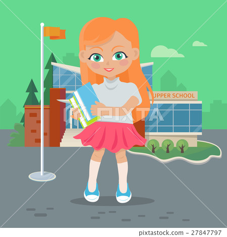 Girl with Books and Copybooks on School Yard 27847797