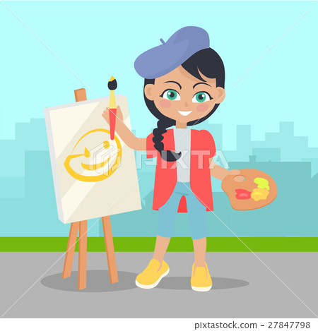 Girl Drawing on Easel on Landscape of Urban City 27847798