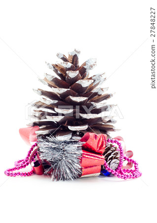 Christmas pine cone with gifts and gift bow. 27848227