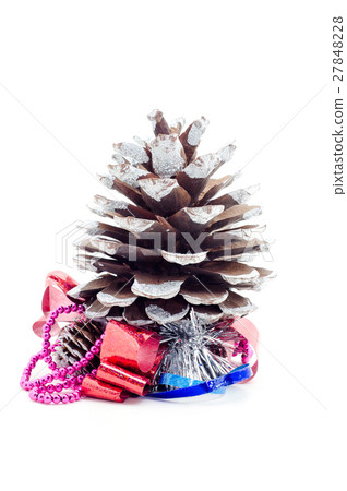 Christmas pine cone with gifts and gift bow. 27848228