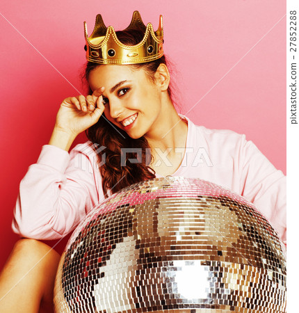 young cute disco girl on pink background with young cute disco girl on pink background with 27852288