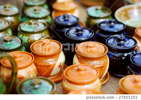 Ceramic dishes, tableware, jugs on Easter market 27855201