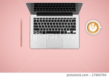 Top view laptop computer with cup of coffee on office desk table.Business template mock up for adding your text. 27860760