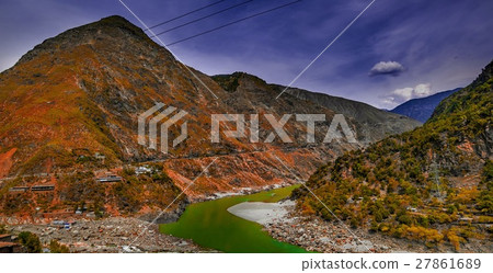 aerial view to Indus river and valley, Karakoram,  27861689