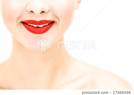 Close-up smile. Red lipstick. Space for text 27866086