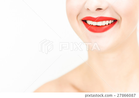 Close-up smile. Red lipstick. Space for text 27866087