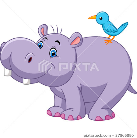 Cartoon funny hippo with bird 27866890
