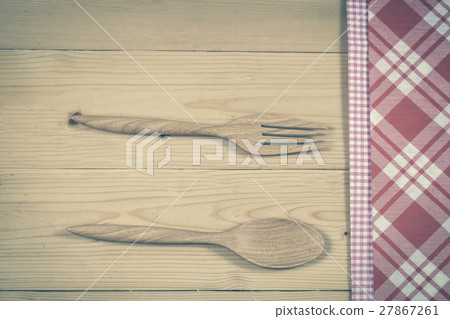 Color tablecloth, spoon, fork on  table background 27867261
