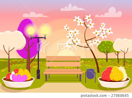Spring Scenery. Urban Park with Bench, Flower Beds 27868685