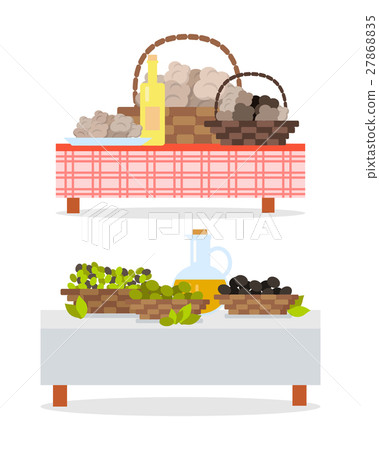 Table with Bottle of Wine and Oil Jug and Baskets 27868835