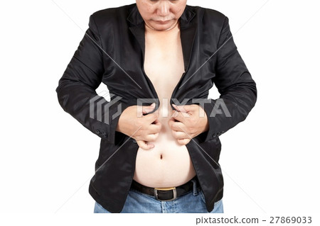 Asian fat man trying to button his suits. Asian fat man trying to button his suits. 27869033