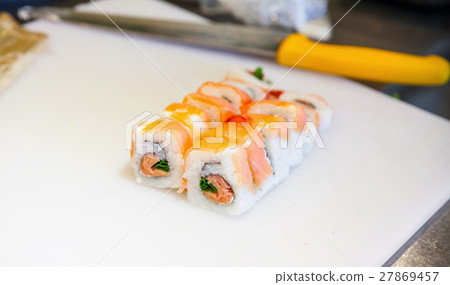 Traditional Japanese sushi rolls making 27869457
