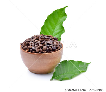 Wooden Bowl with coffee beans and coffee leaf Wooden Bowl with coffee beans and coffee leaf 27870988